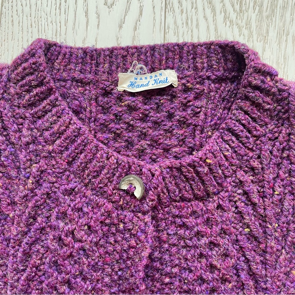 Vintage Mandan Hand Knit 100% Wool Cable Aran Fisherman Chunky Sweater Cardigan - Picture 11 of 14